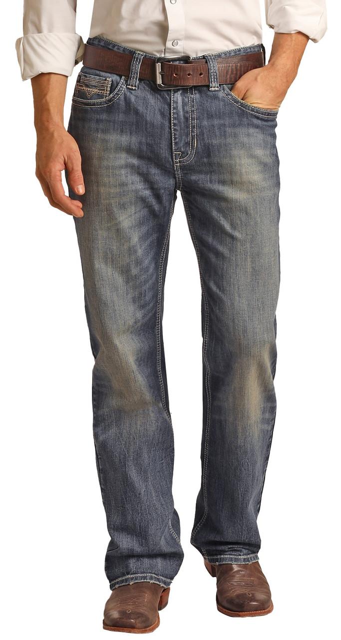 Men's Relaxed Fit Stretch Ivory V Medium Wash Straight Bootcut Jeans ...
