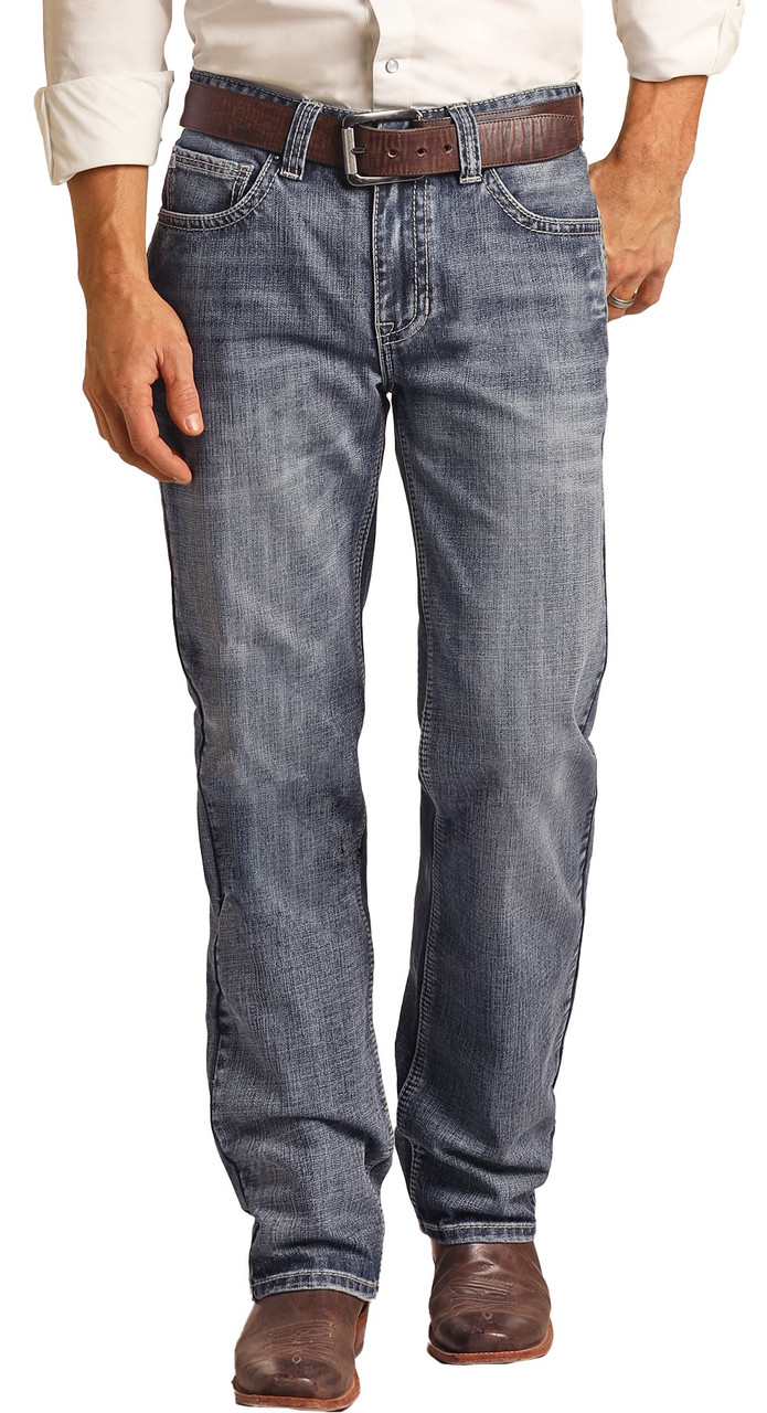 Men's Relaxed Fit Ladder Stitch Medium Wash Straight Bootcut Jeans ...