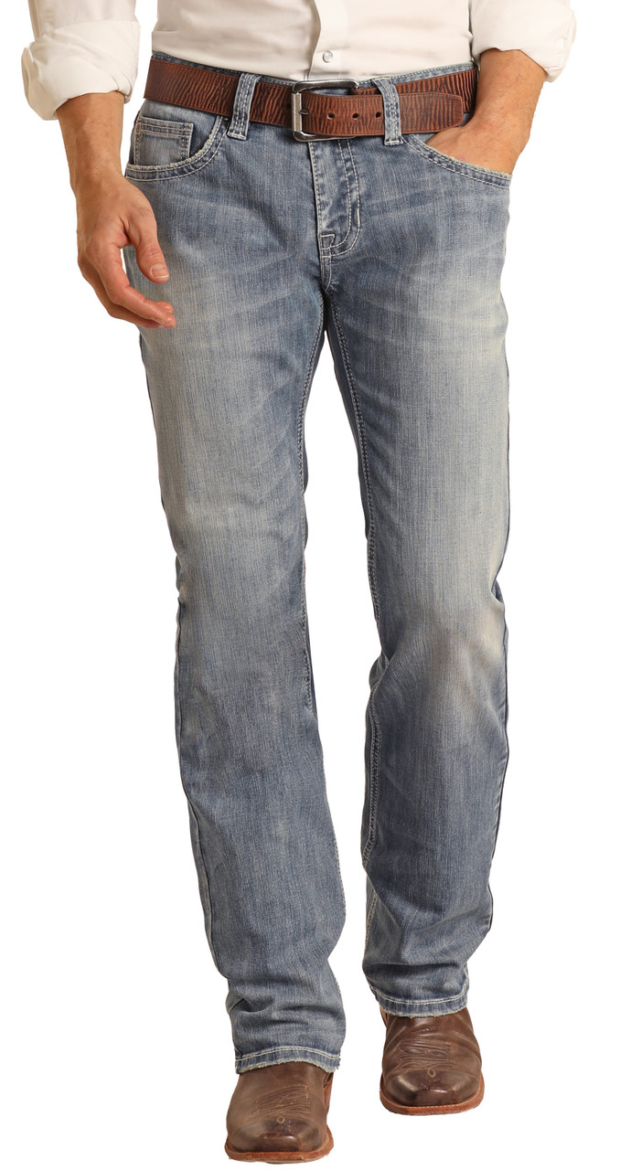 Men's Regular Fit Stretch Beige Leather V Straight Bootcut Jeans | Rock ...
