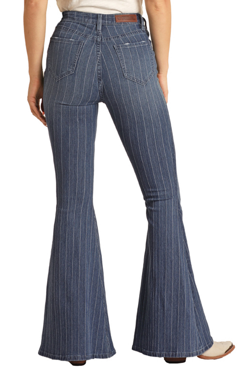 Women's High Rise Extra Stretch Striped Bell Bottom Jeans - Medium Wash ...