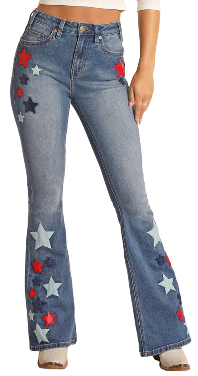 Women's High Rise Extra Stretch Pleather Stars Flare Jeans - Medium Wash