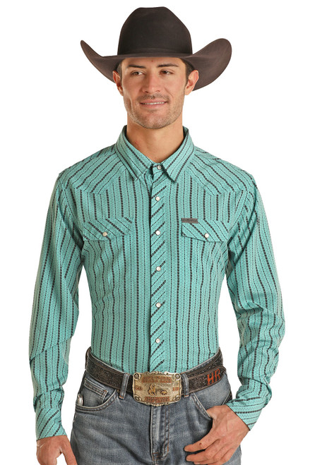 Men's Slim Fit Stripes Long Sleeve Snap Shirt in Turquoise