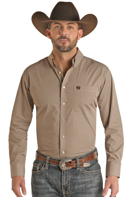 Men's Slim Fit Geo Print Long Sleeve Snap Shirt in Tan - Front