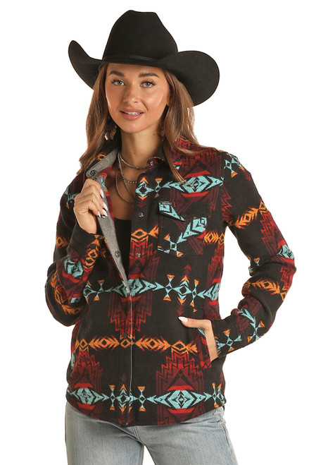 Rock & Roll Cowgirl Women's Aztec Print Light Navy Long Sleeve Snap Sh -  Russell's Western Wear, Inc.