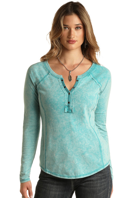 Women's Acid Wash Henley Shirt in Bright Turquoise - Front