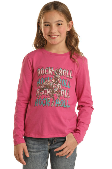 Girls' Rock & Roll Graphic Long Sleeve Top in Fuchsia - Front