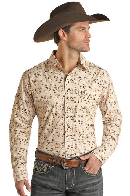 Men's Slim Fit Floral Long Sleeve Snap Shirt in Tan - Front