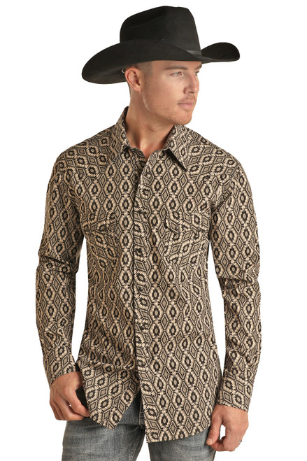 Men's Vintage '46 Slim Fit Aztec Print Long Sleeve Snap Shirt in Tan