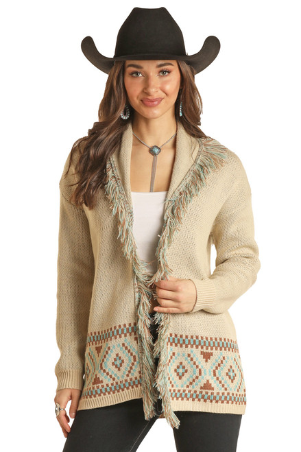 Women's Fringe Cardigan in Tan - Front