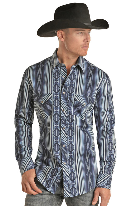 Slim Fit Aztec Print Long Sleeve Snap Shirt (BMN2S02517)