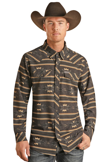 Men's Slim Fit Aztec Print Long Sleeve Snap Shirt in Black - Front