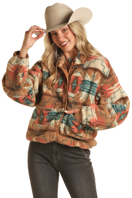 Women's Aztec Sherpa Jacket in Tan - Front