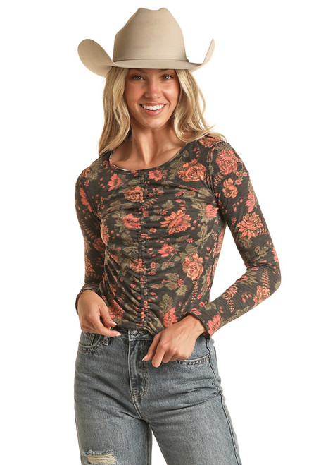 Women's Ruched Floral Long Sleeve Top in Black