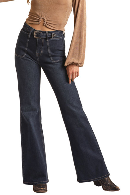 Women's High Rise Extra Stretch Flare Jeans in Dark Wash - Front