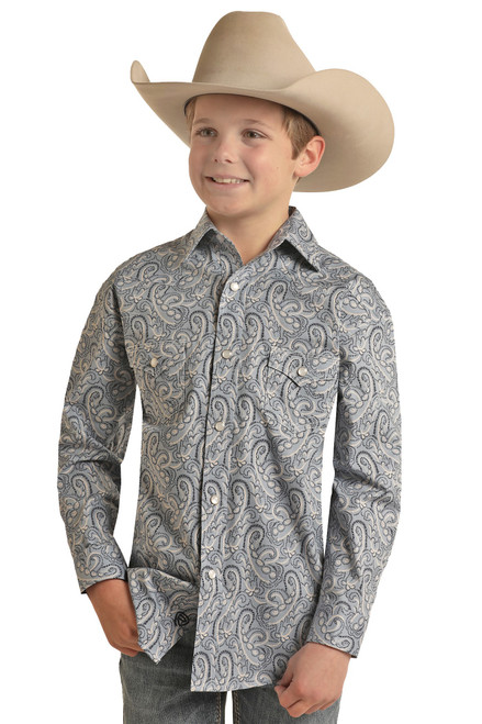 Boys' Paisley Long Sleeve Snap Shirt in Blue - Front