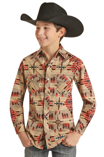 Boys' Aztec Print Long Sleeve Snap Shirt in Red - Front