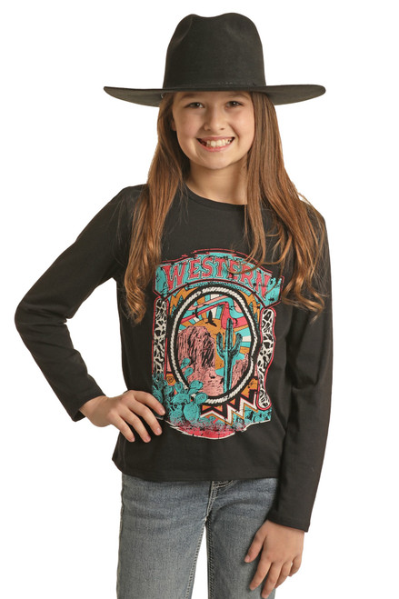 Girls' Western Graphic T-Shirt in Black - Front