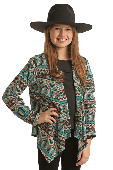 Girls' Aztec Print Cardigan in Teal