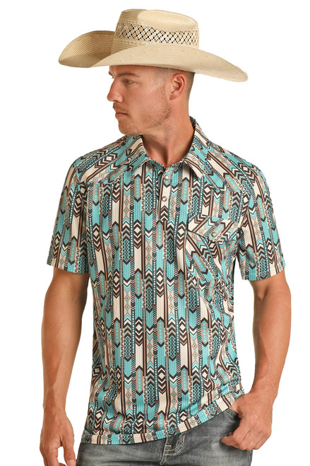 Men's Aztec Print Polo in Turquoise - Front