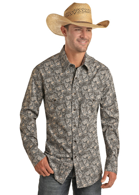 Men's Paisley Print Long Sleeve Snap Shirt in Black - Front