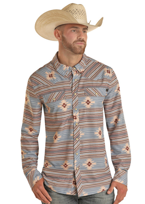 Men's Tek Western Aztec Print Long Sleeve Snap Shirt in Blue - Front