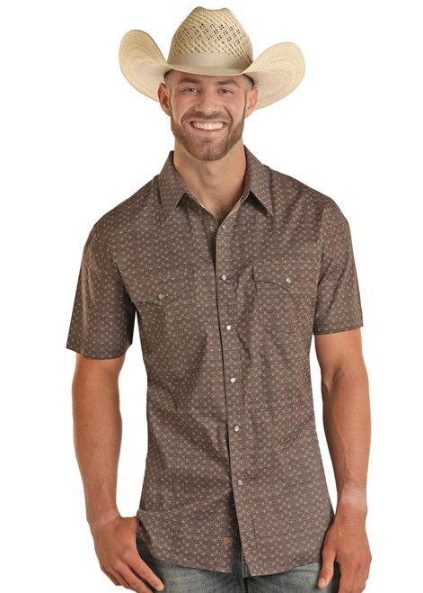 Men's Ditsy Geo Print Short Sleeve Snap Shirt in Dark Brown - Front