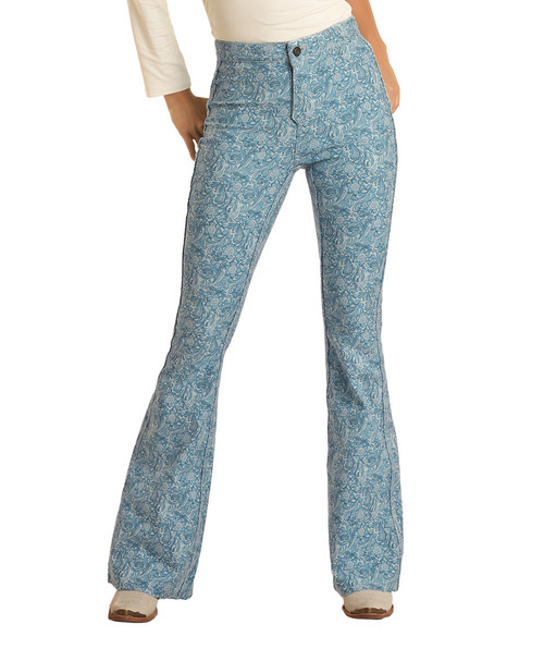 Women's High Rise Slim Fit Flare Jeans in Powder Blue - Front