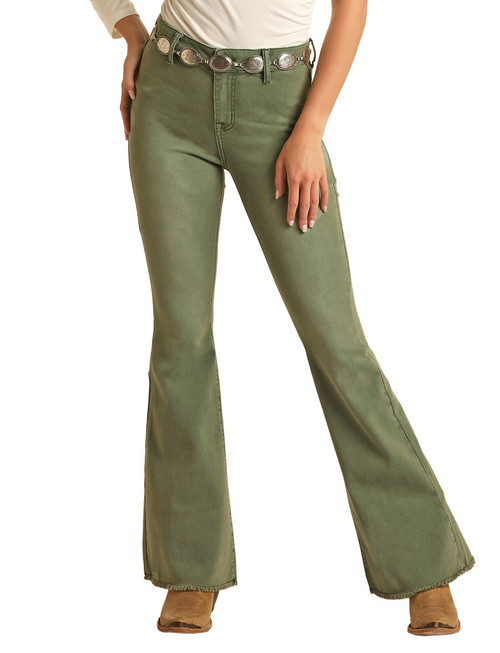 Women's High Rise Distressed Hem Flare Jeans in Jade - Front