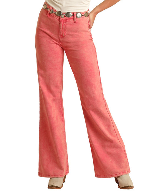 Women's High Rise Distressed Denim Flare Jeans in Pink - Front