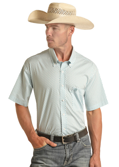 Men's Ditsy Geo Print Short Sleeve Button Shirt in Turquoise - Front