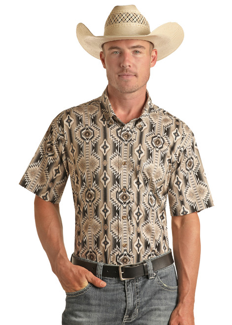 Men's Aztec Print Short Sleeve Button Shirt in Dark Brown - Front
