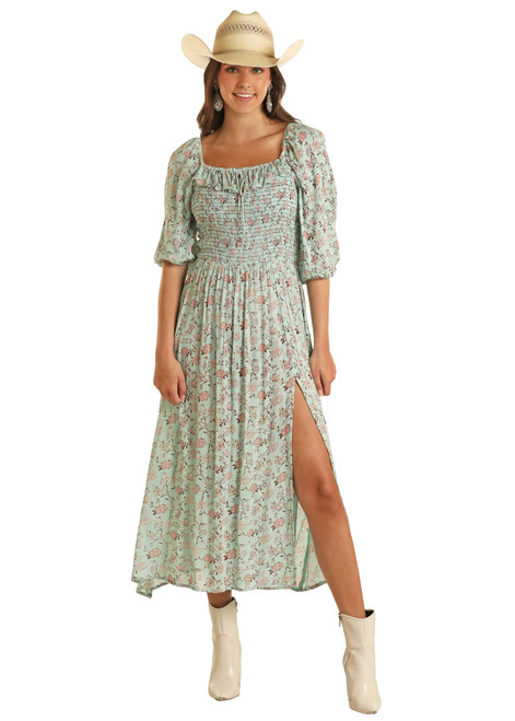 Women's Floral Print  Dress in Light Turquoise - Front