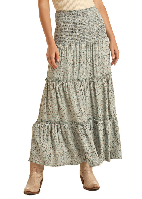 Floral Print Tiered Maxi Skirt in Jade - Front