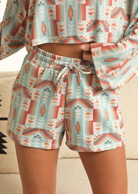Women's Range Aztec Print Shorts in Turquoise-Front
