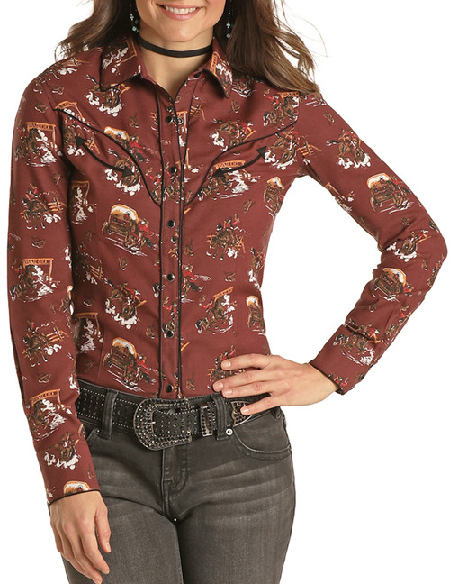 Retro Cowboy Print Long Sleeve Snap Shirt #22S2081