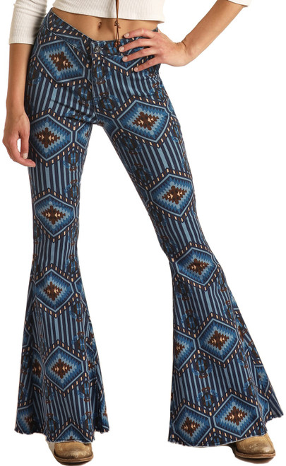 Button Bells High Rise Stretch Aztec Flare Jeans #WPB3513