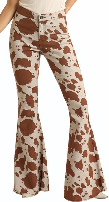 Button Bells High Rise Stretch Cow Print Flare Jeans #WPB3514
