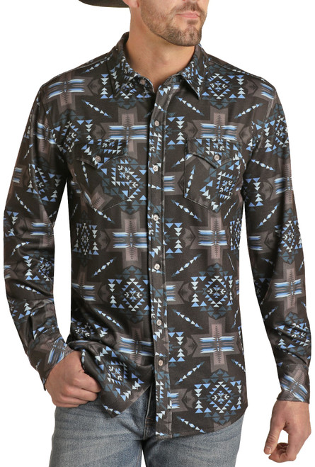 Slim Fit Black and Turquoise Aztec Print Brushed Knit Shirt