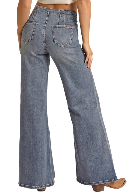 Women's High Rise Extra Stretch Palazzo Flare Jeans in Medium Wash - Back