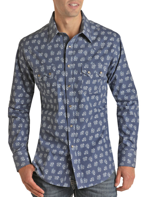 Men's Slim Fit Floral Print Long Sleeve Snap Shirt in Blue - Front