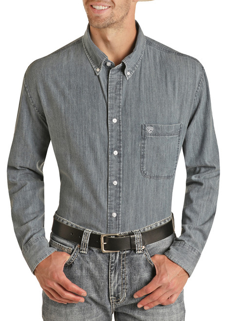 Men's Regular Fit Logo Embroidered Long Sleeve Button Shirt in Blue - Front