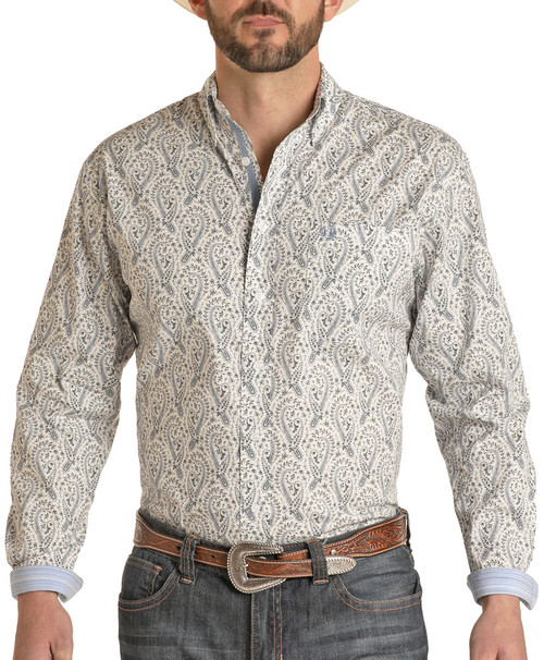 Men's Rough Stock Regular Fit Floral Paisley Long Sleeve Button Shirt in Blue - Front