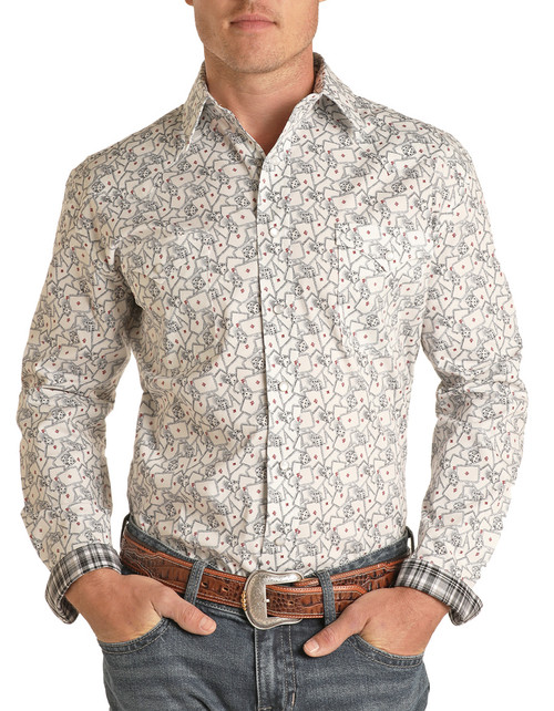 Men's Rough Stock Regular Fit Vegas Print Long Sleeve Snap Shirt in White -Front