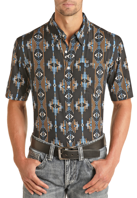 Men's Regular Fit Aztec Pattern Short Sleeve Button Shirt in Navy - Front