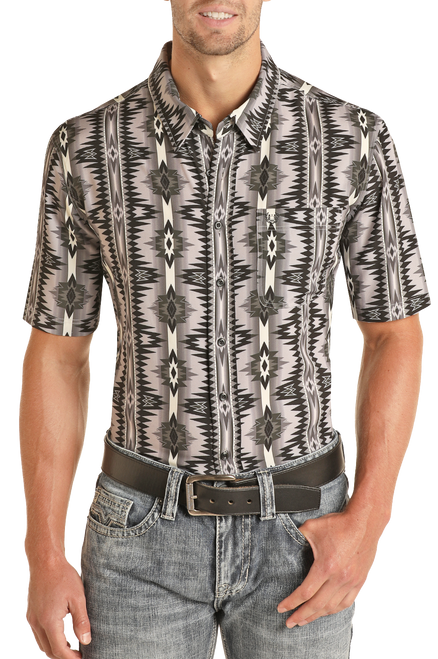Men's Regular Fit Aztec Pattern Short Sleeve Button Shirt in Charcoal - Front