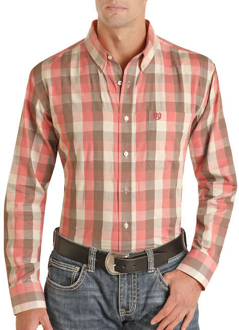 Men's Regular Fit Plaid Long Sleeve Button Shirt in Peach - Front