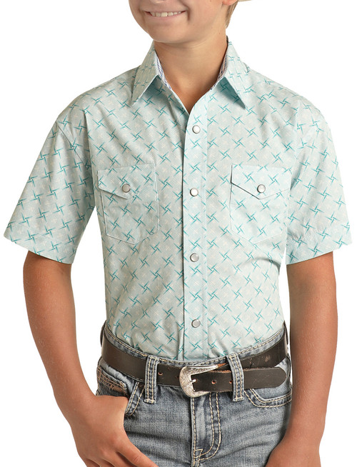 Boys' Geo Pattern Short Sleeve Snap Shirt in Turquoise - Front