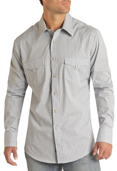Men's Slim Fit Geo Print Long Sleeve Snap Shirt in Blue - Front