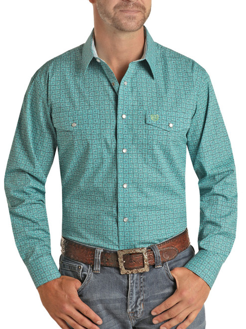 Men's Regular Fit Geo Print Long Sleeve Button Shirt in Bright Turquoise