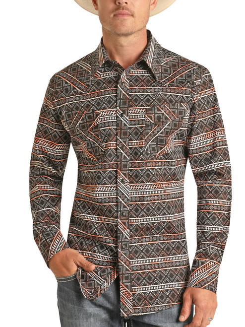 Men's Slim Fit Aztec Print Long Sleeve Snap Shirt in Coral